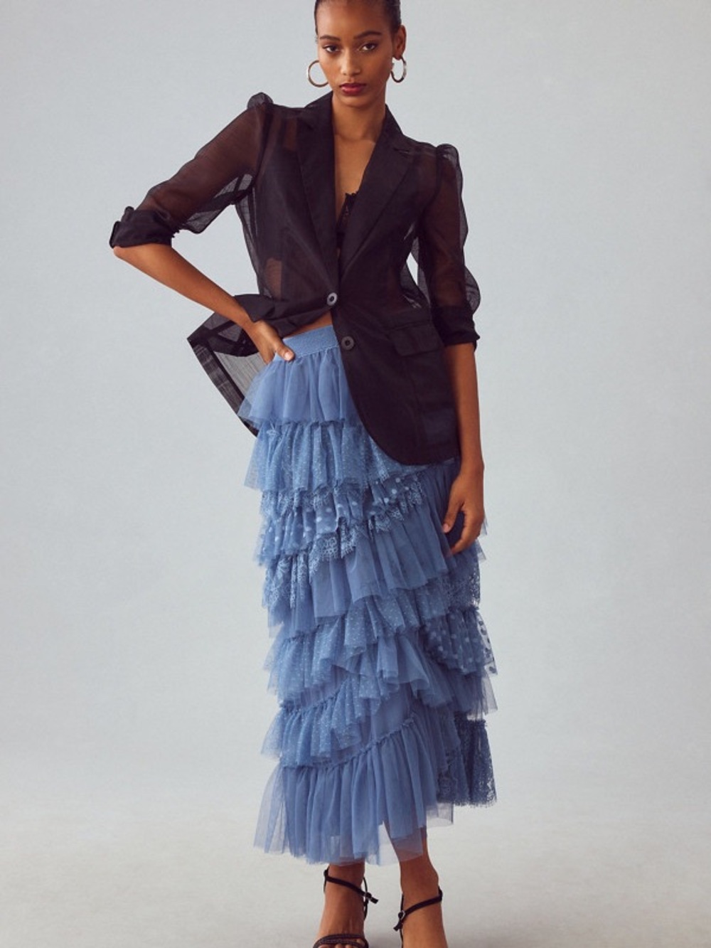 Anthropologie Ruffled Tulle Lace Midi Skirt Dusty Blue XS $148